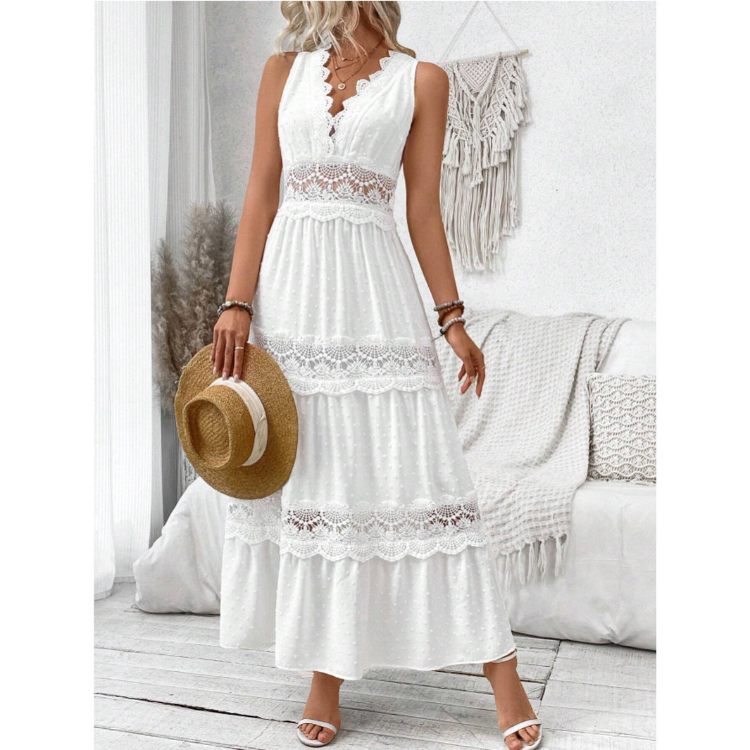 Robe Longue Sans Manches à Col V et Dentelle