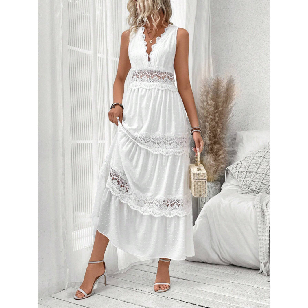 Robe Longue Sans Manches à Col V et Dentelle