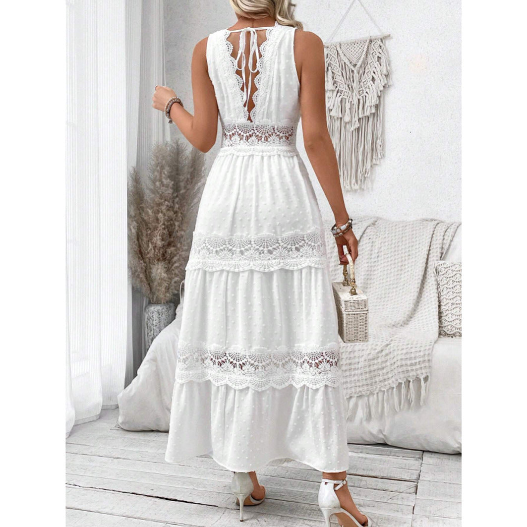 Robe Longue Sans Manches à Col V et Dentelle