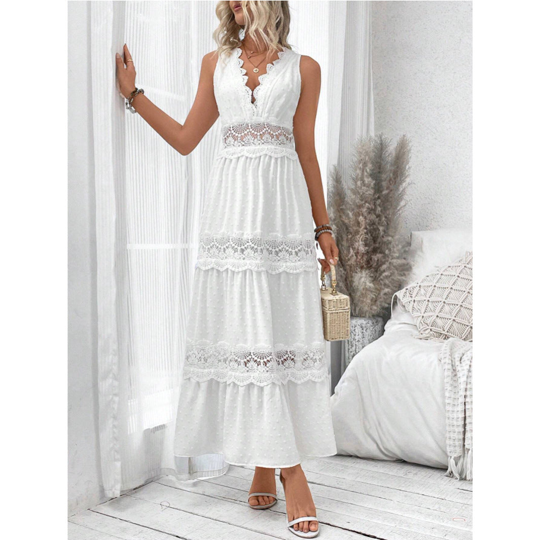 Robe Longue Sans Manches à Col V et Dentelle