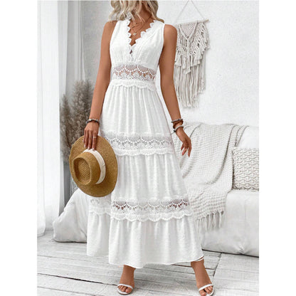 Robe Longue Sans Manches à Col V et Dentelle