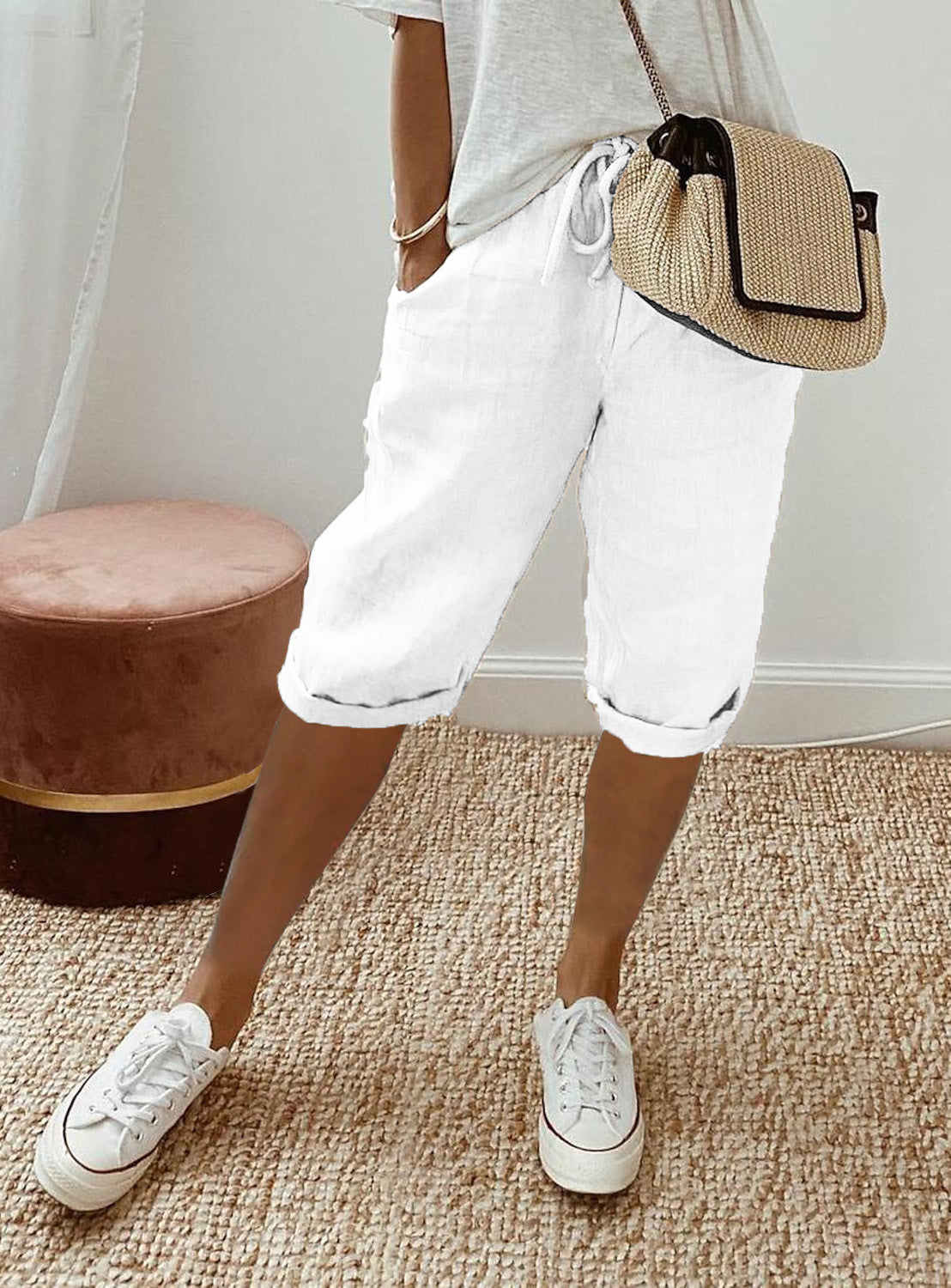 Pantalon 7/8 en Coton et Lin avec Poches Élastiquées pour Femme