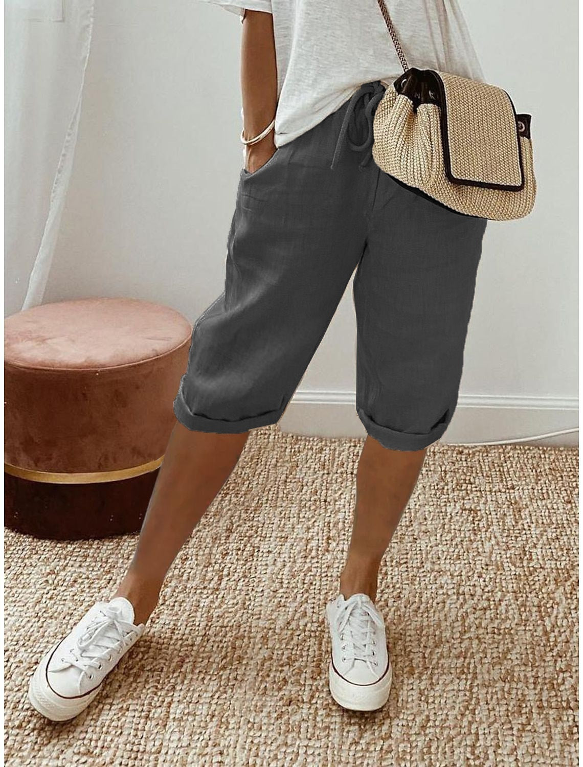Pantalon 7/8 en Coton et Lin avec Poches Élastiquées pour Femme
