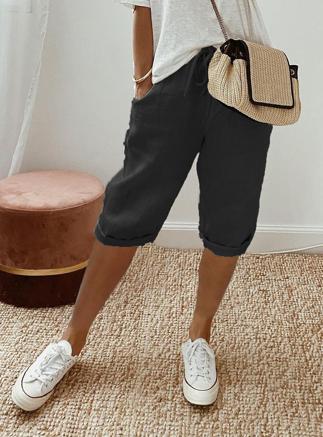 Pantalon 7/8 en Coton et Lin avec Poches Élastiquées pour Femme