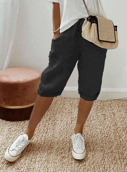 Pantalon 7/8 en Coton et Lin avec Poches Élastiquées pour Femme