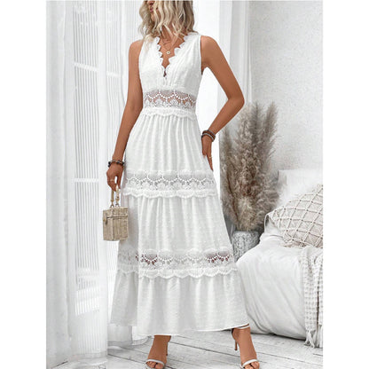 Robe Longue Sans Manches à Col V et Dentelle
