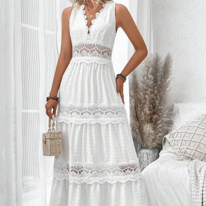 Robe Longue Sans Manches à Col V et Dentelle