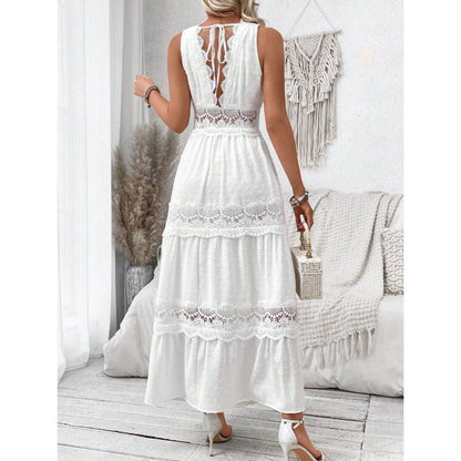 Robe Longue Sans Manches à Col V et Dentelle