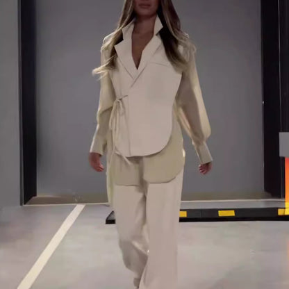 Ensemble Élégant Femme – Haut en Chiffon Patchwork & Pantalon Droit