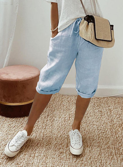 Pantalon 7/8 en Coton et Lin avec Poches Élastiquées pour Femme