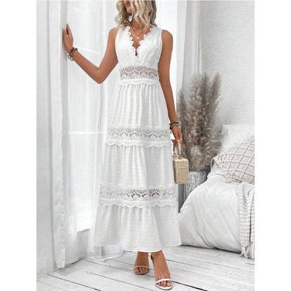 Robe Longue Sans Manches à Col V et Dentelle