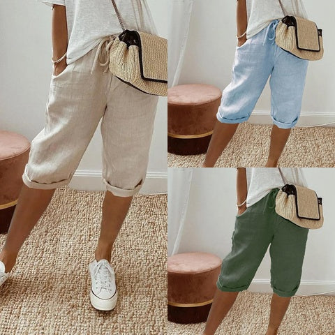 Pantalon 7/8 en Coton et Lin avec Poches Élastiquées pour Femme