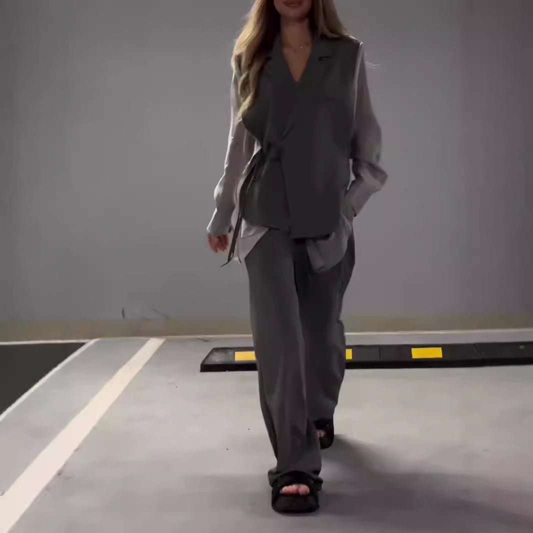 Ensemble Élégant Femme – Haut en Chiffon Patchwork & Pantalon Droit
