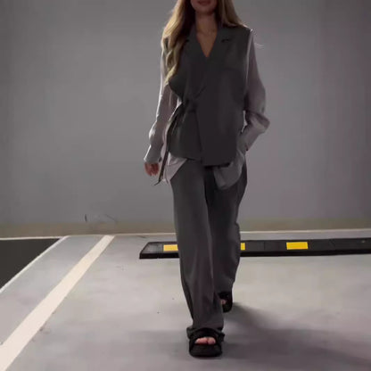 Ensemble Élégant Femme – Haut en Chiffon Patchwork & Pantalon Droit