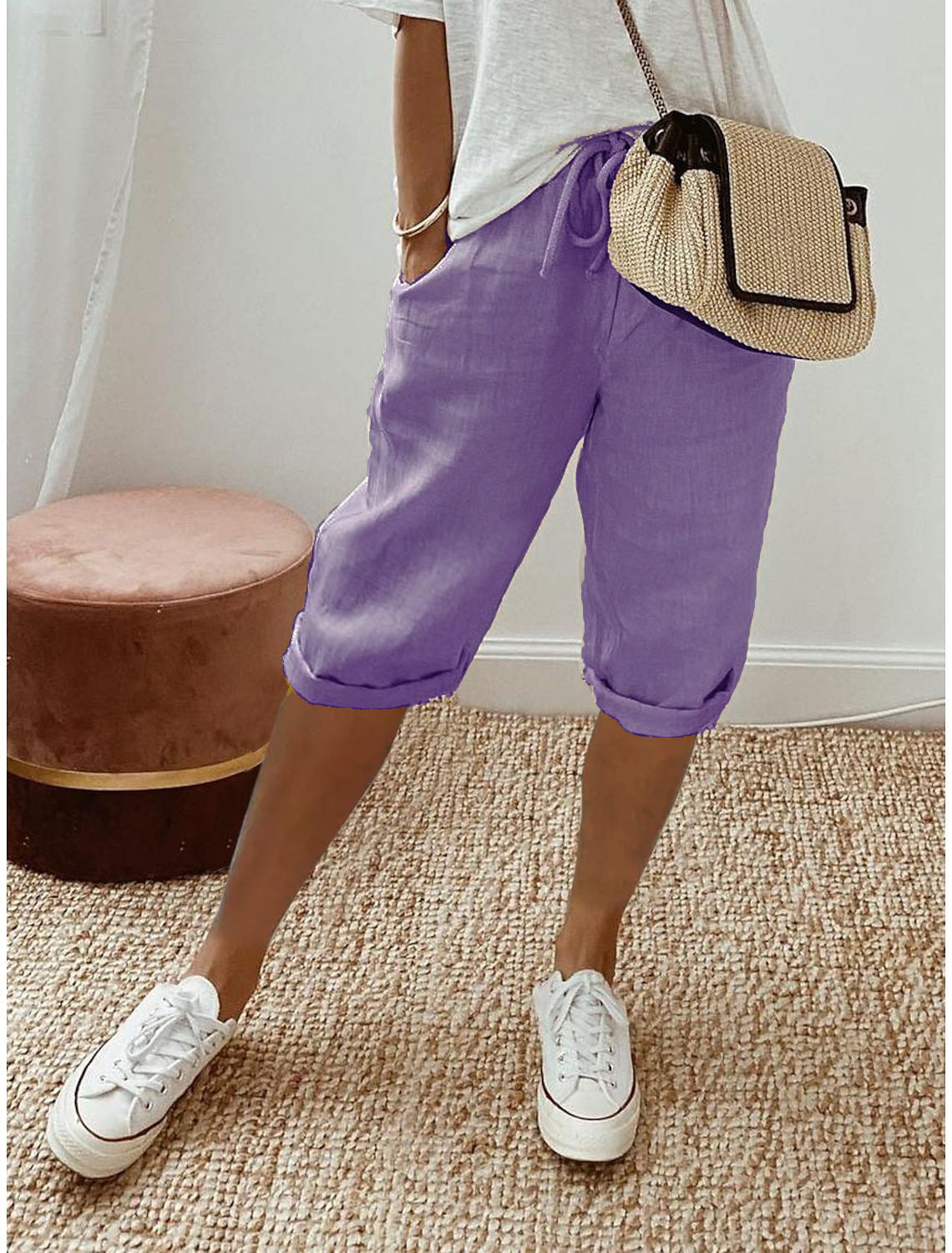 Pantalon 7/8 en Coton et Lin avec Poches Élastiquées pour Femme