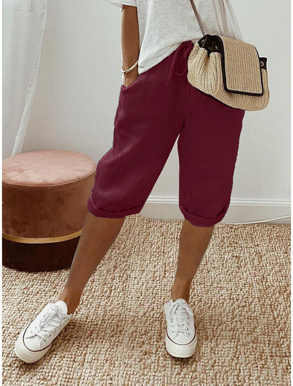 Pantalon 7/8 en Coton et Lin avec Poches Élastiquées pour Femme