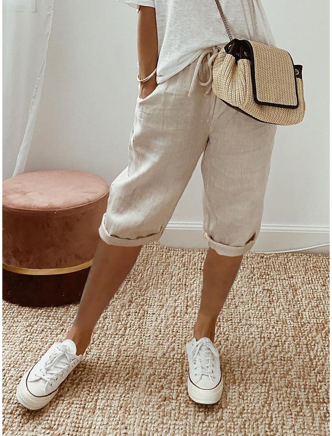 Pantalon 7/8 en Coton et Lin avec Poches Élastiquées pour Femme