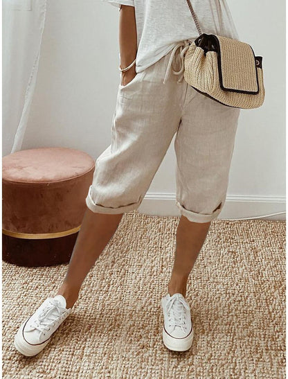 Pantalon 7/8 en Coton et Lin avec Poches Élastiquées pour Femme