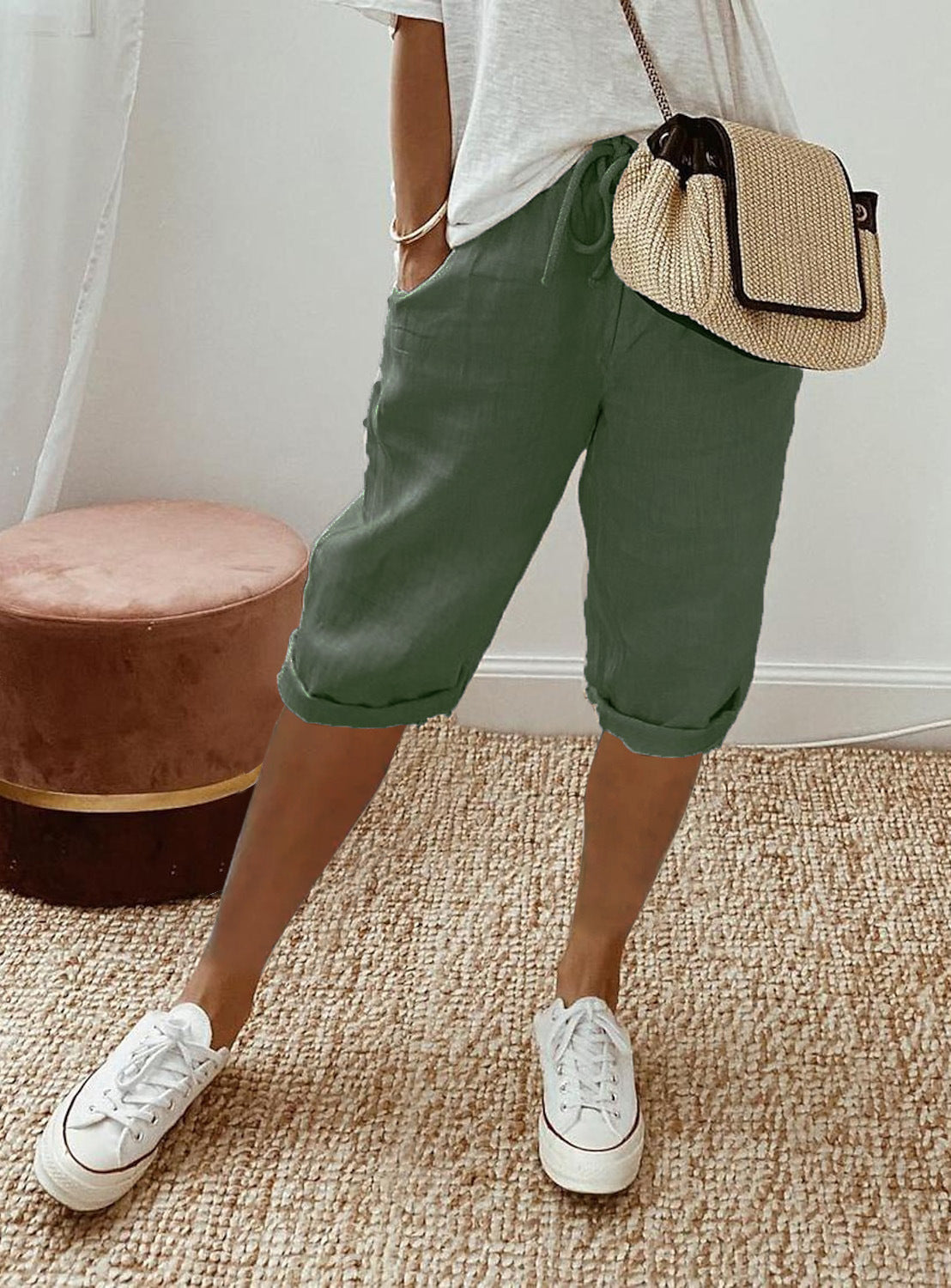Pantalon 7/8 en Coton et Lin avec Poches Élastiquées pour Femme