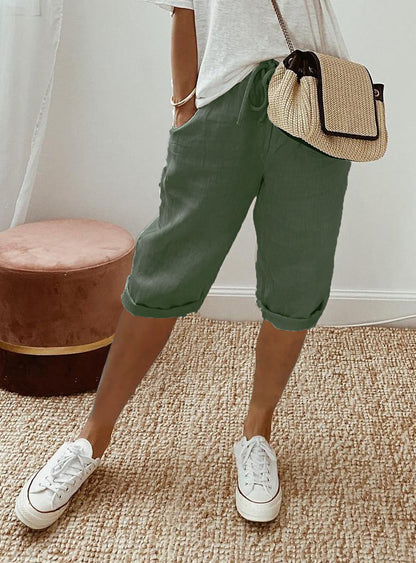 Pantalon 7/8 en Coton et Lin avec Poches Élastiquées pour Femme